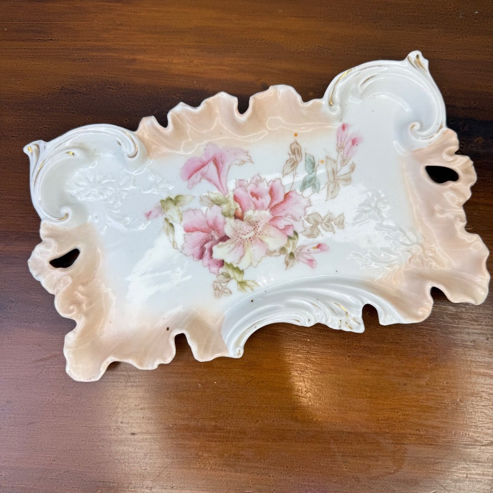 Antique‎ Porcelain Dresser Tray Hand Painted Pink Floral Gold Gilt Ruffled Edge